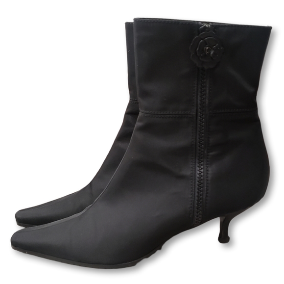 CHANEL Shoes - CHANEL Nylon Pointy Kitten Heel Boot with Camellia Flower